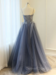 Gray A Line Lace Tulle Long Prom Dresses, Gray Formal Evening Dresses