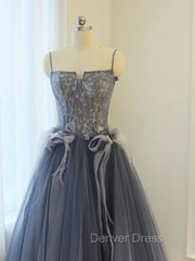 Gray A Line Lace Tulle Long Prom Dresses, Gray Formal Evening Dresses