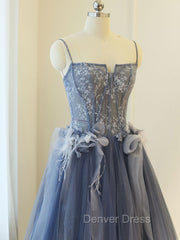 Gray A Line Lace Tulle Long Prom Dresses, Gray Formal Evening Dresses