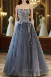Gray A Line Lace Tulle Long Prom Dresses, Gray Formal Evening Dresses