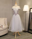 Gray A Line Off Shoulder Tea Length Prom Dress, Lace Homecoming Dresses