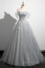 Gray A Line Off the Shoulder Tulle Prom Dress, Lovely Corset Floor Length Prom Dresses