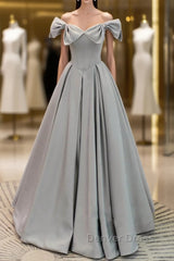 Gray A-Line Satin Long Prom Dresses, Gray Formal Evening Dresses