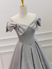 Gray A-Line Satin Long Prom Dresses, Gray Formal Evening Dresses
