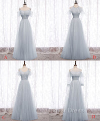 Gray A line Tulle Long Prom Dresses, Gray Formal Bridesmaid Dresses