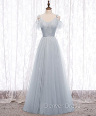 Gray A line Tulle Long Prom Dresses, Gray Formal Bridesmaid Dresses