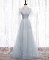 Gray A line Tulle Long Prom Dresses, Gray Formal Bridesmaid Dresses