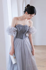 Gray A Line Tulle Long Prom Dress Gray Tulle Formal Dress