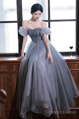 Gray A Line Tulle Long Prom Dress Gray Tulle Formal Dress