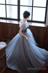 Gray A Line Tulle Long Prom Dress Gray Tulle Formal Dress