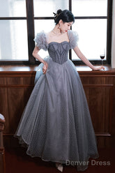 Gray A Line Tulle Long Prom Dress Gray Tulle Formal Dress