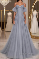 Gray A line tulle off shoulder prom Dresses, gray long evening Dresses