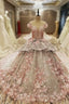 Gray Ball Gown Tulle Appliques Beading Long Train Wedding Dresses