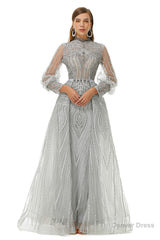 Gray Beaded Mermaid Long sleeves Prom Dresses