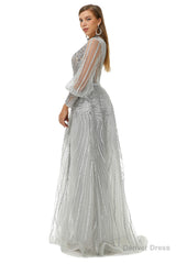 Gray Beaded Mermaid Long sleeves Prom Dresses