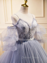 Gray Blue A-Line Tulle Lace Long Prom Dresses, Gray Blue Formal Graduation Dresses