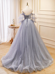 Gray Blue A-Line Tulle Lace Long Prom Dresses, Gray Blue Formal Graduation Dresses
