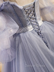 Gray Blue A-Line Tulle Lace Long Prom Dresses, Gray Blue Formal Graduation Dresses