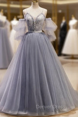 Gray Blue A-Line Tulle Lace Long Prom Dresses, Gray Blue Formal Graduation Dresses