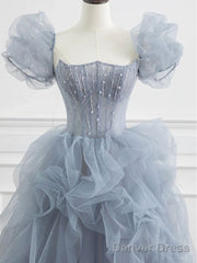 Gray Blue Beads Long Prom Dress Gray Tulle Formal Dress