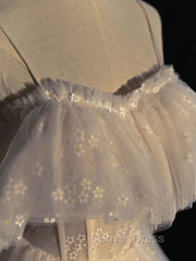 Gray blue/champagne Tulle Long Prom Dresses, Tulle Formal Graduation Dresses