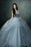 Gray Blue Strapless Tulle Long Prom Dress, Beautiful A Line Prom Dresses