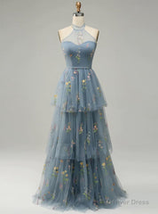 Gray Blue Tulle Halter Prom Dress