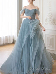 Gray Blue Tulle Lace Long Prom Dresses, Gray Blue Formal Dresses