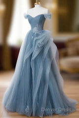 Gray Blue Tulle Lace Long Prom Dresses, Gray Blue Formal Dresses