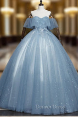 Gray Blue Tulle Lace Long Prom Dresses, Gray Blue Tulle Evening Dresses