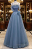 Gray Blue Tulle Long Prom Dresses A Line Evening Dresses Formal Dresses December Wedding Guest Dresses