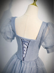 Gray Blue Tulle Long Prom Dresses, Gray Blue Tulle Formal Evening Dresses