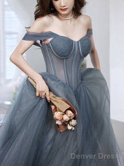 Gray Blue Tulle Long Prom Dress, Gray Tulle Formal Dress