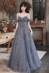 Gray Blue Tulle Long Prom Dresses, A-Line Spaghetti Straps Evening Dresses