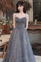 Gray Blue Tulle Long Prom Dresses, A-Line Spaghetti Straps Evening Dresses
