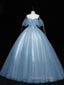 Gray Blue Tulle Off Shoulder Long Prom Dress, Blue Tulle Prom Dresses