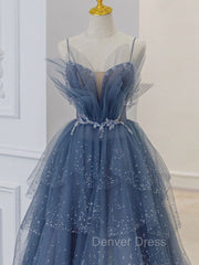 Gray Blue Tulle Sequin Beads Long Prom Dresses, Blue Evening Dresses