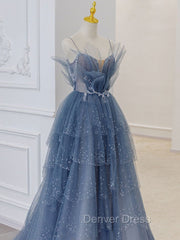 Gray Blue Tulle Sequin Beads Long Prom Dresses, Blue Evening Dresses