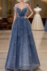 Gray Blue Tulle Sequin Beads Long Prom Dresses, Blue Evening Dresses