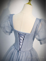 Gray Blue Tulle Sequin Long Prom Dress, Gray Blue Evening Dress