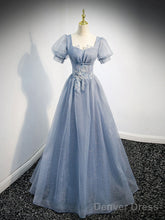 Gray Blue Tulle Sequin Long Prom Dress, Gray Blue Evening Dress
