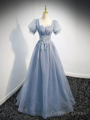 Gray Blue Tulle Sequin Long Prom Dress, Gray Blue Evening Dress