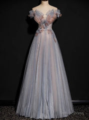 Gray Blue Tulle Sequins Pleats Beading Prom Dress