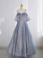 Gray Blue Tulle Tea Length Prom Dress, Blue A Line Prom Dresses