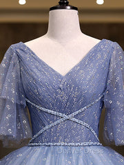 Gray Blue V Neck Tulle Long Prom Dresses, Blue Long Sweet 16 Dresses