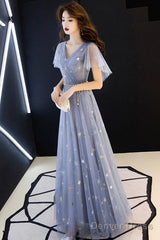 Gray Blue V Neck Tulle Long Prom Dress, Tulle Bridesmaid Dress