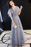 Gray Blue V Neck Tulle Long Prom Dress, Tulle Bridesmaid Dresses