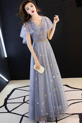 Gray Blue V Neck Tulle Long Prom Dress, Tulle Bridesmaid Dress