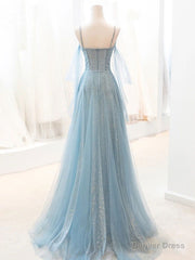 Gray Blue V Neck Tulle Sequin Long Prom Dress, Blue Evening Dress