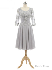 Gray Chiffon Appliques 3/4 Sleeve Knee Length Mother of The Bride Dress
